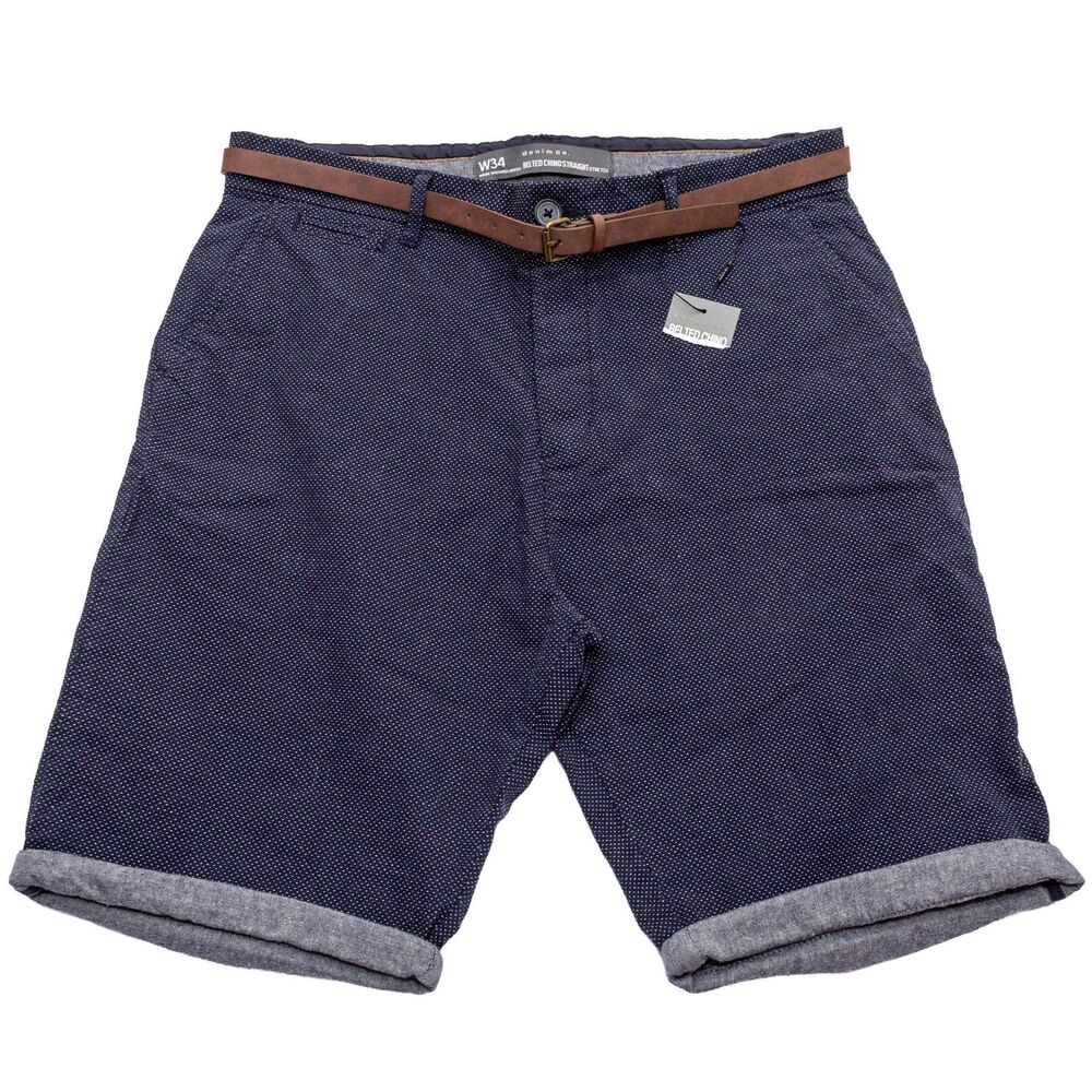 denim co. Men's W34 Belted Chino Shorts Blue White Polka Dot Straight Fit